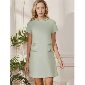 Tweed‎ Mini Dress, Short Sleeve, Pocket Detail, Career, Party, Casual size M